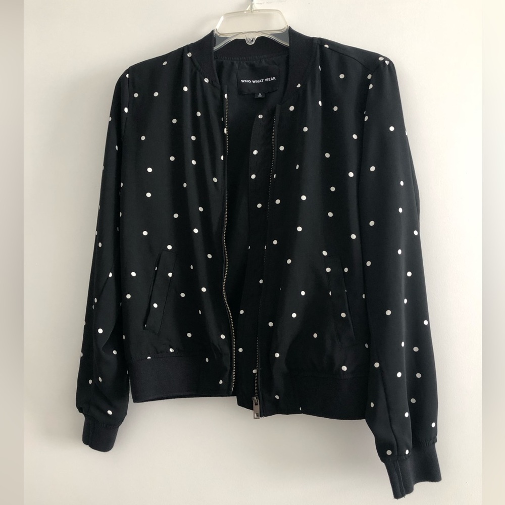 Who What Wear black and white polka dot zip up jacket